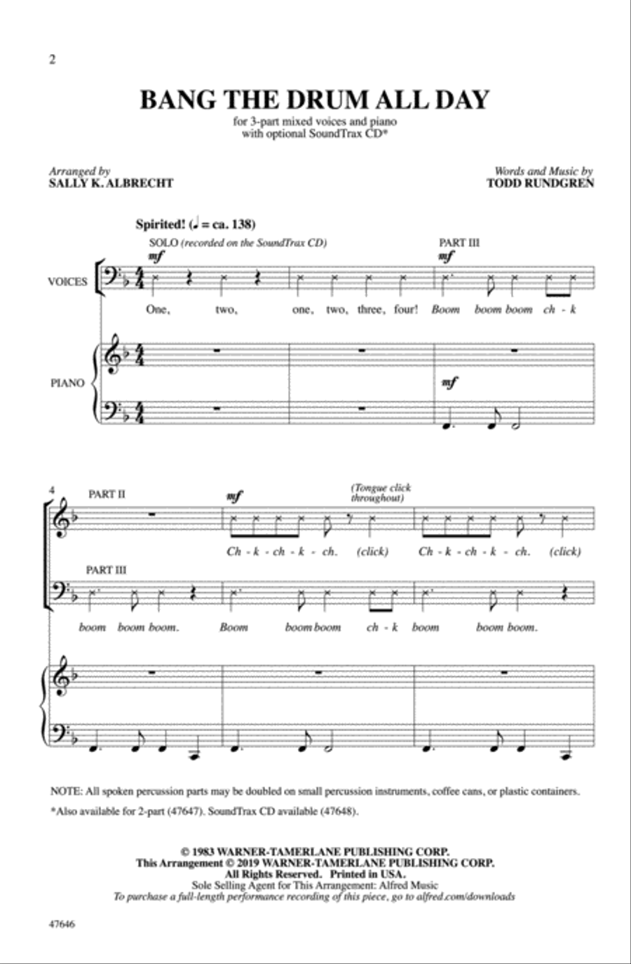 Bang the Drum All Day Choir scores gallery preview page 1