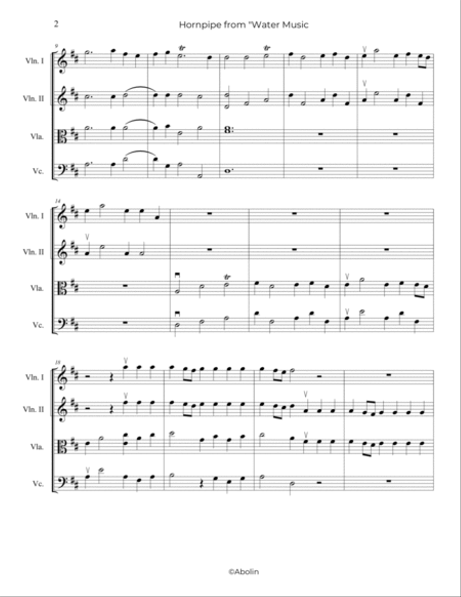 Handel: Alla Hornpipe from Water Music, Suite No.2 - String Quartet String Quartet scores gallery preview page 3