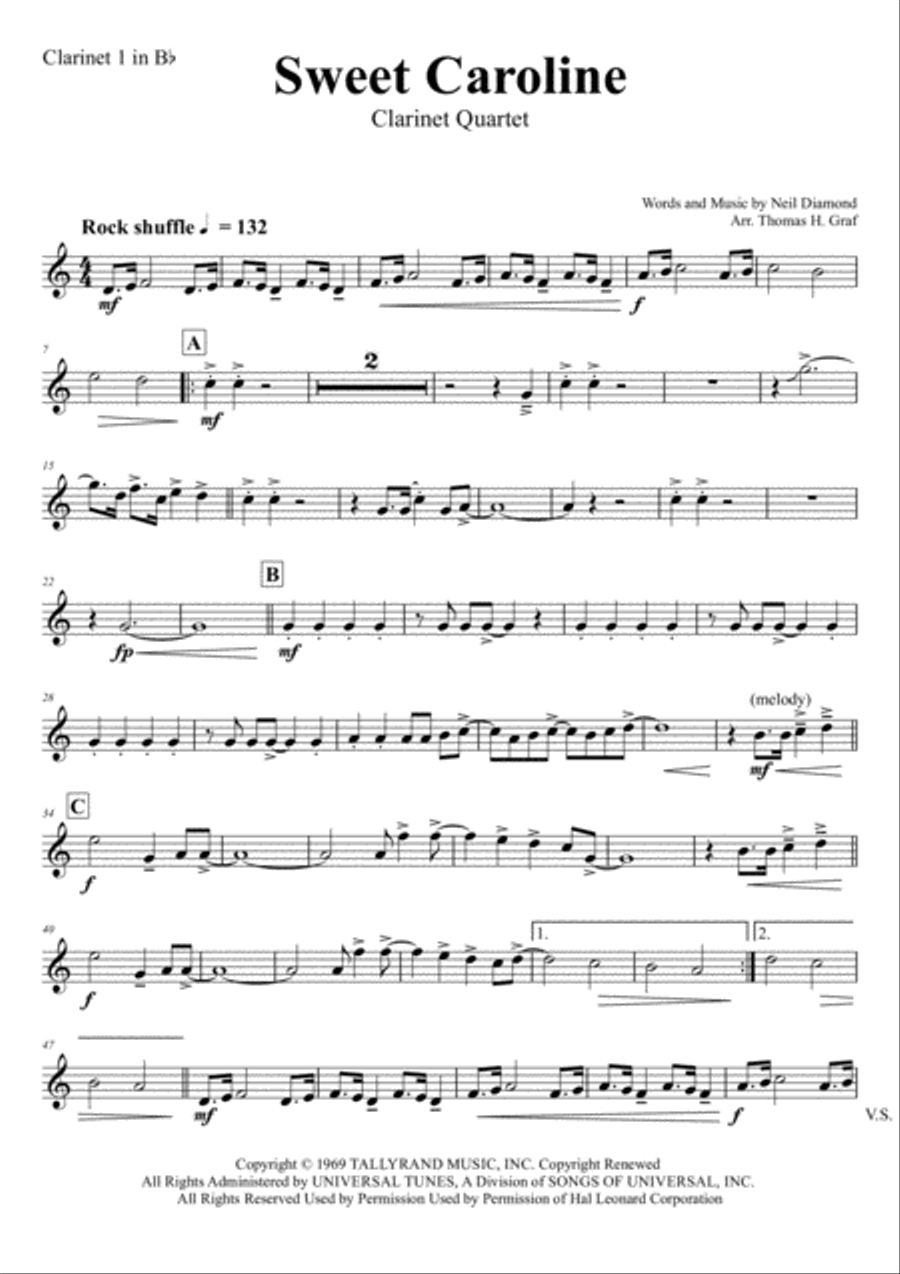 Sweet Caroline Clarinet Quartet scores gallery preview page 4