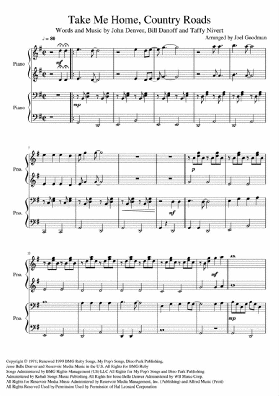 Take Me Home, Country Roads Piano scores gallery preview page 1