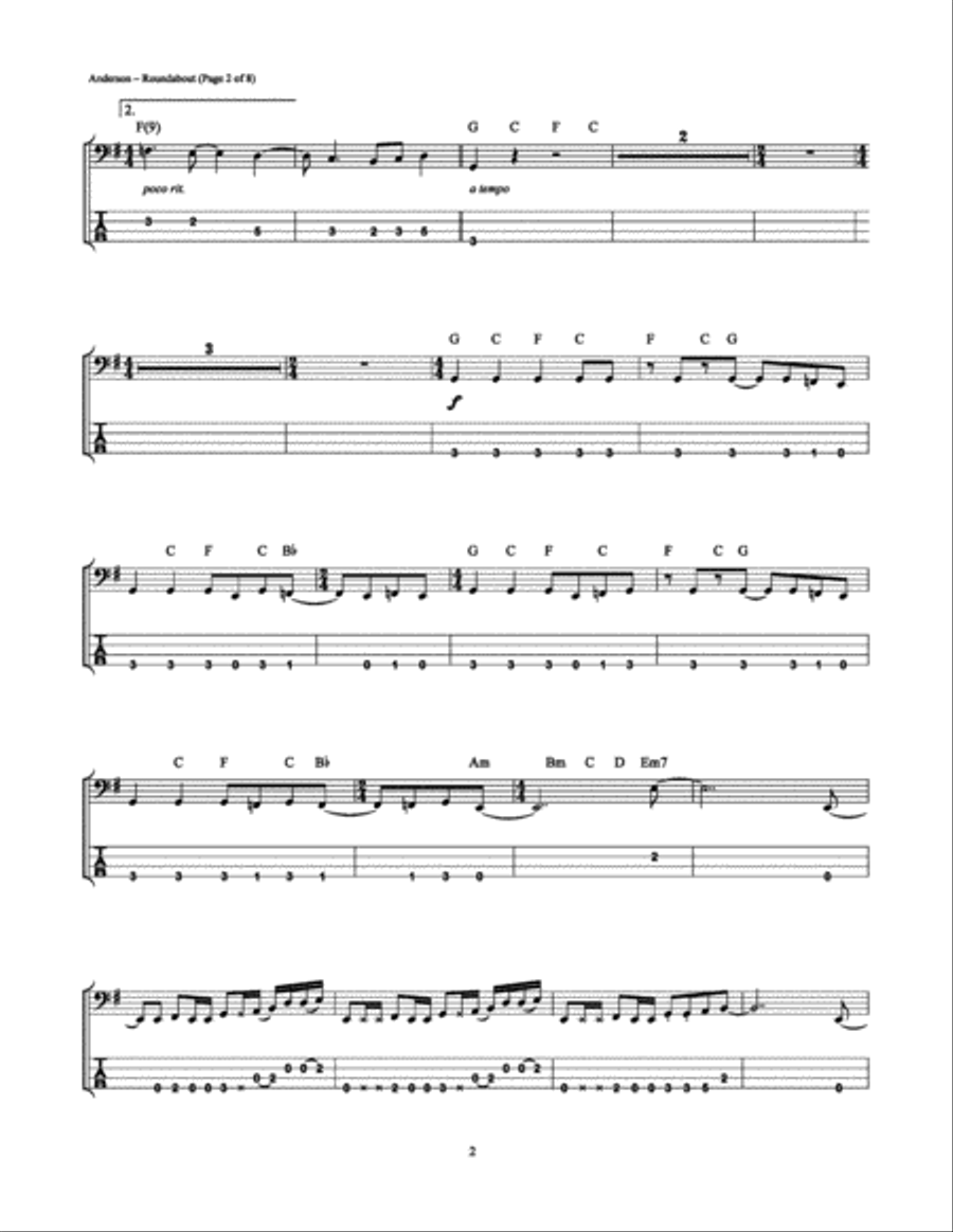 Roundabout Bass Guitar Tablature scores gallery preview page 2