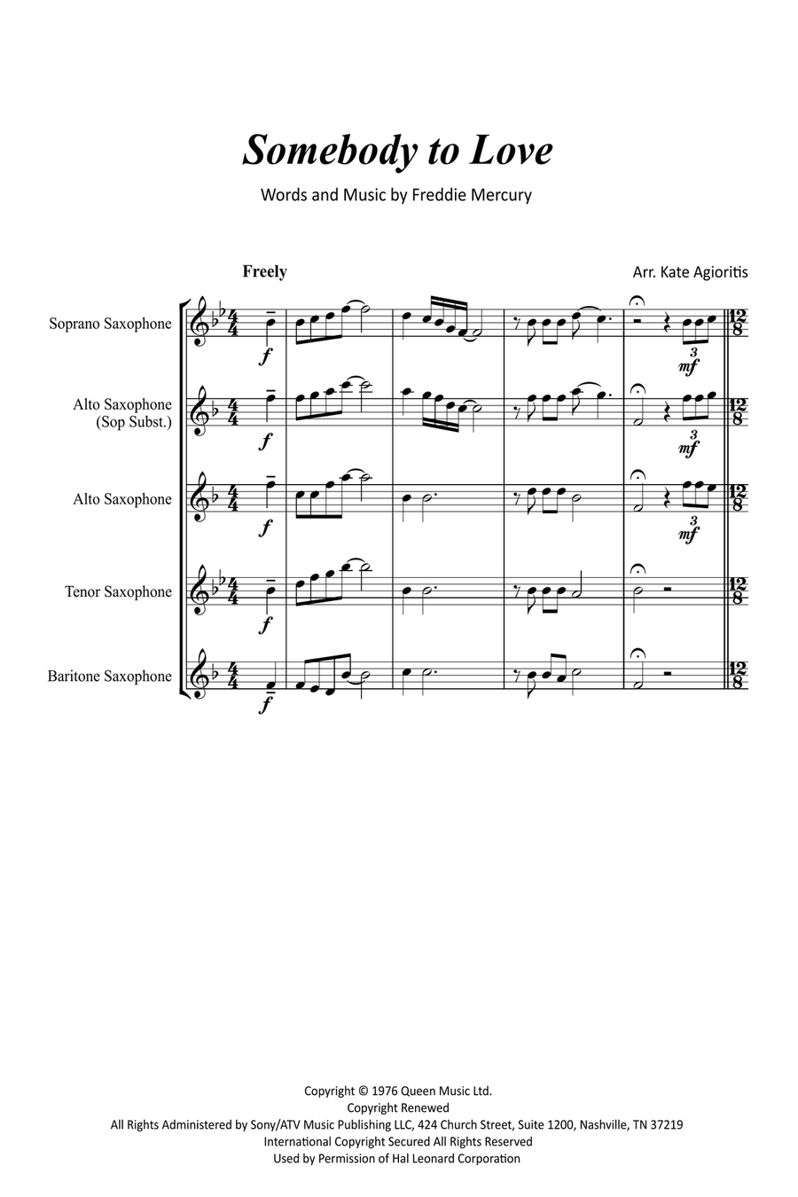 Somebody To Love Saxophone Quartet scores gallery preview page 2