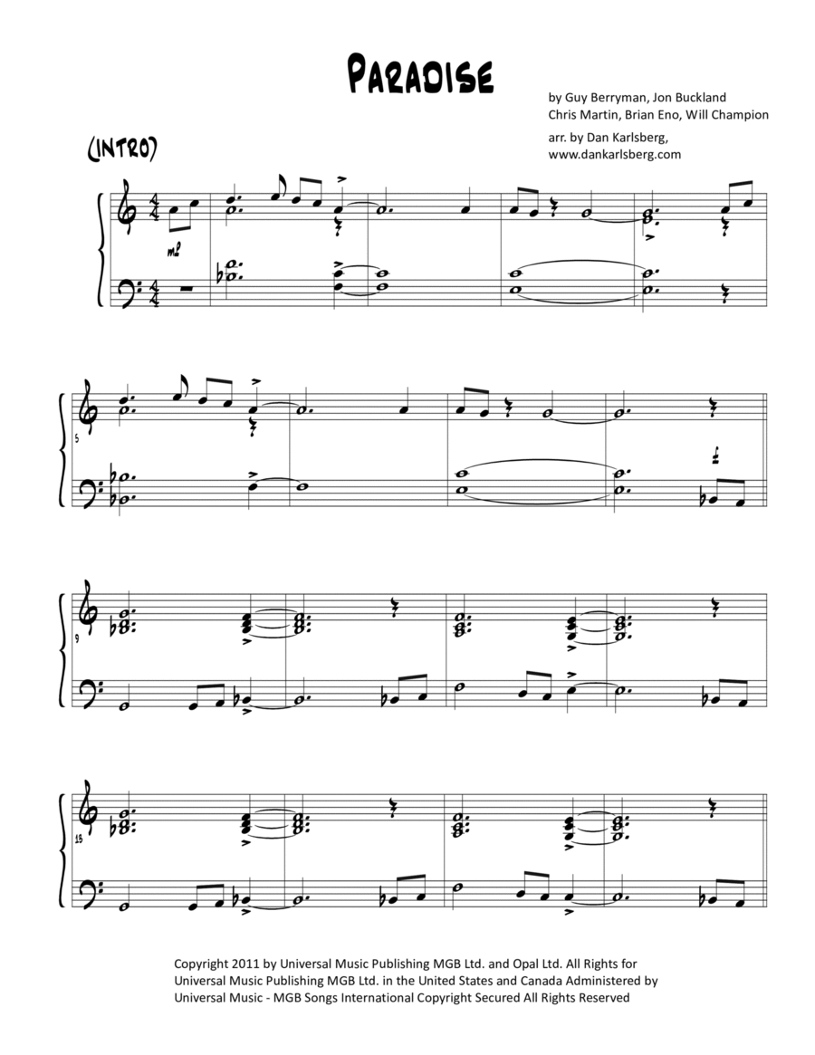 Paradise Piano Solo scores gallery preview page 1
