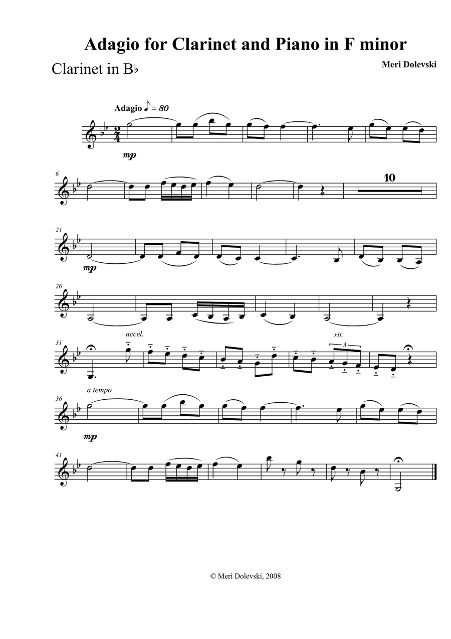 Adagio for Clarinet and Piano in F minor Clarinet scores gallery preview page 1