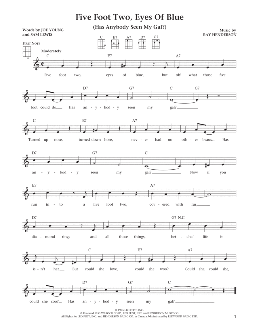 Five Foot Two, Eyes Of Blue (Has Anybody Seen My Girl?) (The Daily Ukulele) (arr Liz and Jim Beloff) Ukulele scores gallery preview page 1