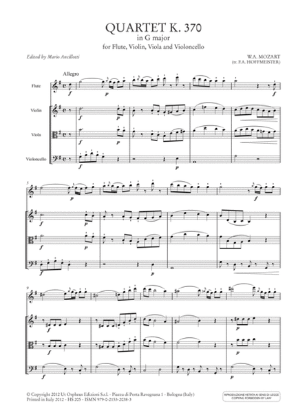 Quartet K. 370 in G major for Flute, Violin, Viola and Violoncello. Transcription by Franz Anton Hoffmeister