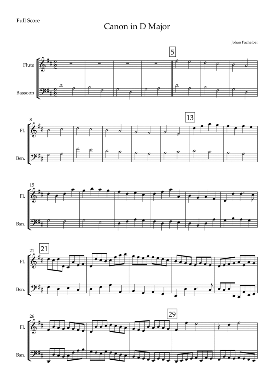 Canon in D Major (Johann Pachelbel) for Flute & Bassoon Duo Canon in D Major (Johann Pachelbel) for Flute & Bassoon Duo Woodwind Duet scores gallery preview page 1