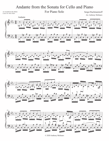 Andante from the Sonata for Cello and Piano (Rachmaninoff / Molinaro) by Sergei Rachmaninoff Piano Solo - Digital Sheet Music