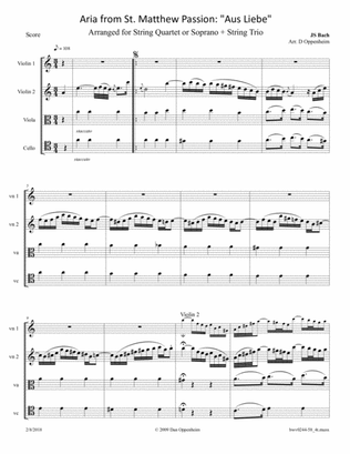 Bach: St. Matthew Passion (BWV 244), No. 58 - Aria: Aus Liebe arranged for String Quartet