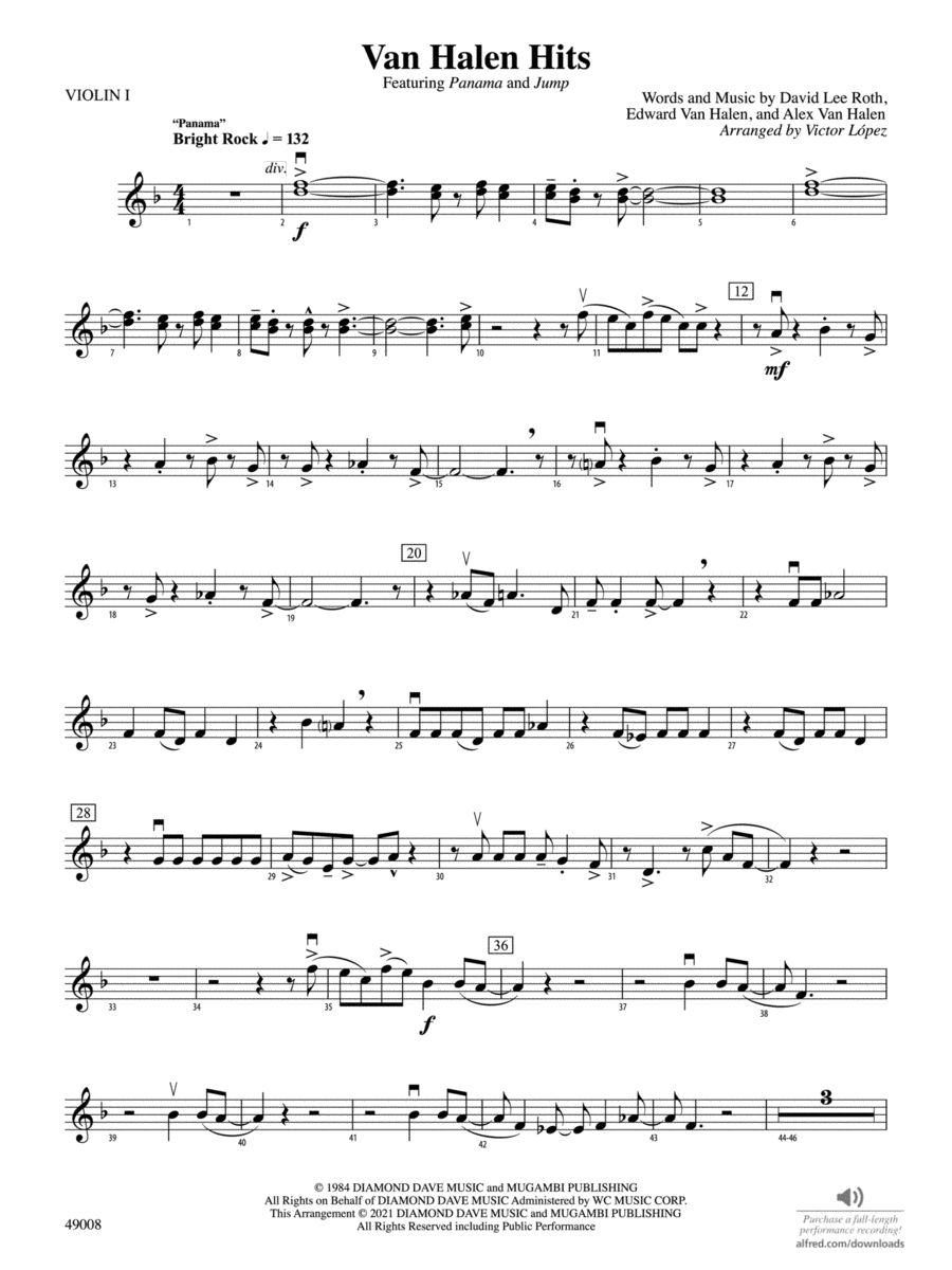 Van Halen Hits: 1st Violin Full Orchestra scores gallery preview page 1