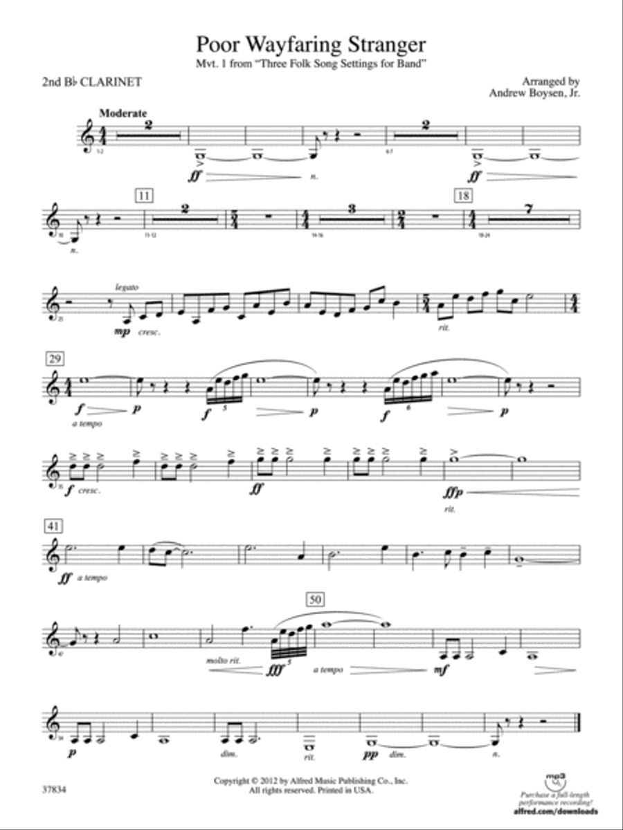 Poor Wayfaring Stranger: 2nd B-flat Clarinet Concert Band scores gallery preview page 1