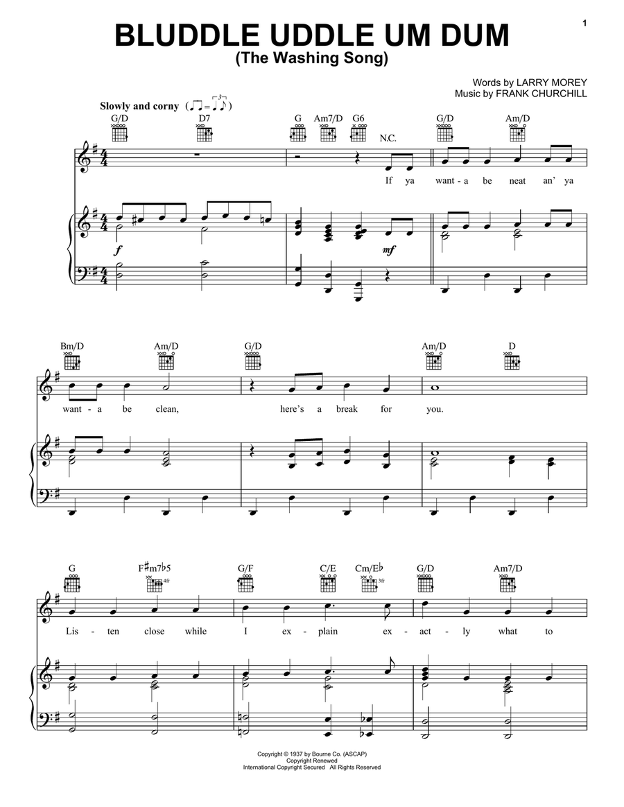 Bluddle Uddle Um Dum (The Washing Song) (from Walt Disney's Snow White and the Seven Dwarfs) Piano, Vocal, Guitar scores gallery preview page 1