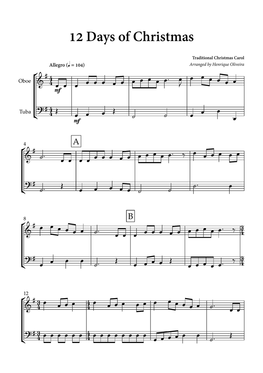 12 days of Christmas (Oboe and Tuba) - Christmas Carol Oboe scores gallery preview page 1