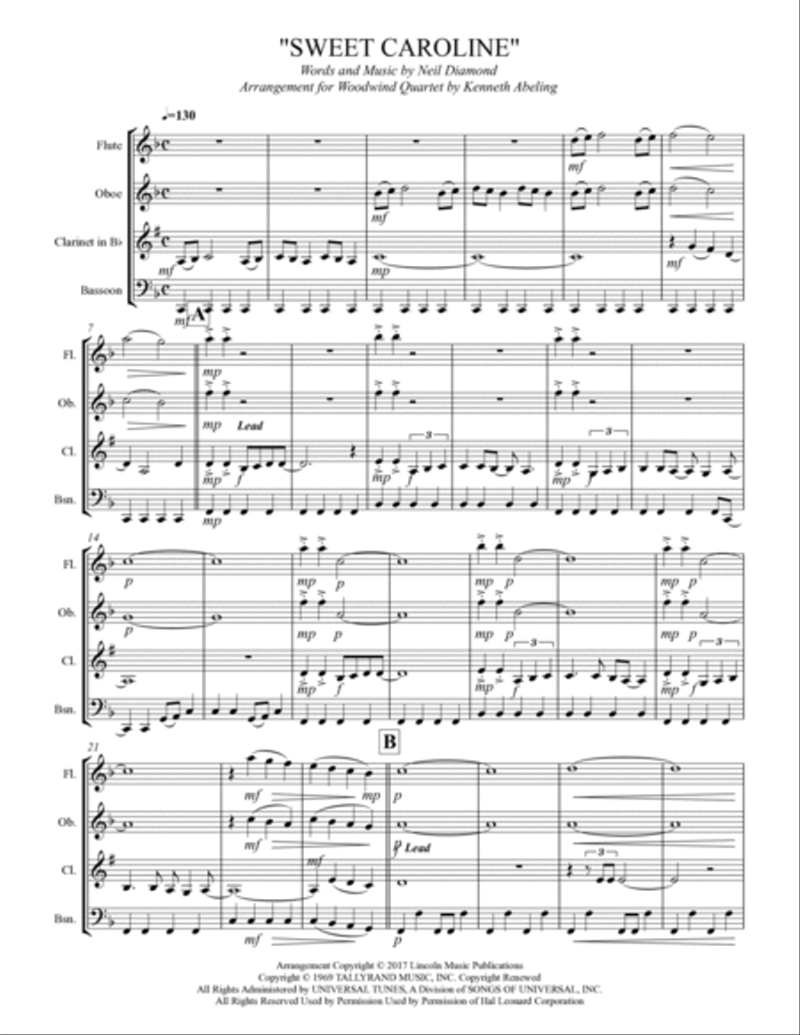 Sweet Caroline Sweet Caroline Woodwind Quartet scores gallery preview page 2