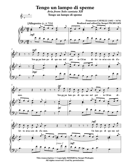 CAVALLI Francesco: Tengo un lampo di speme, aria from the cantata, arranged for Voice and Piano (B f image number null