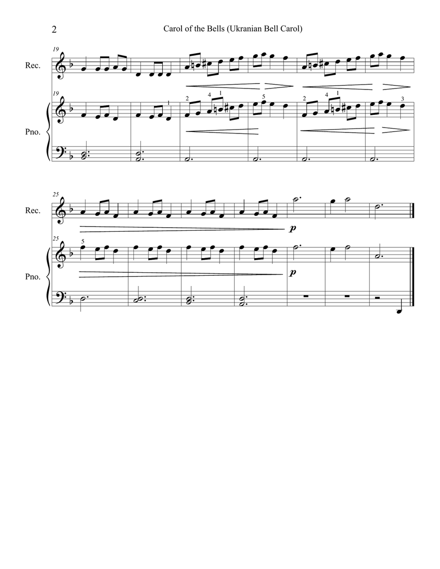 Christmas Duets for Alto Saxophone & Piano: Carol of the Bells (Ukranian Bell Carol) Woodwind Duet scores gallery preview page 2
