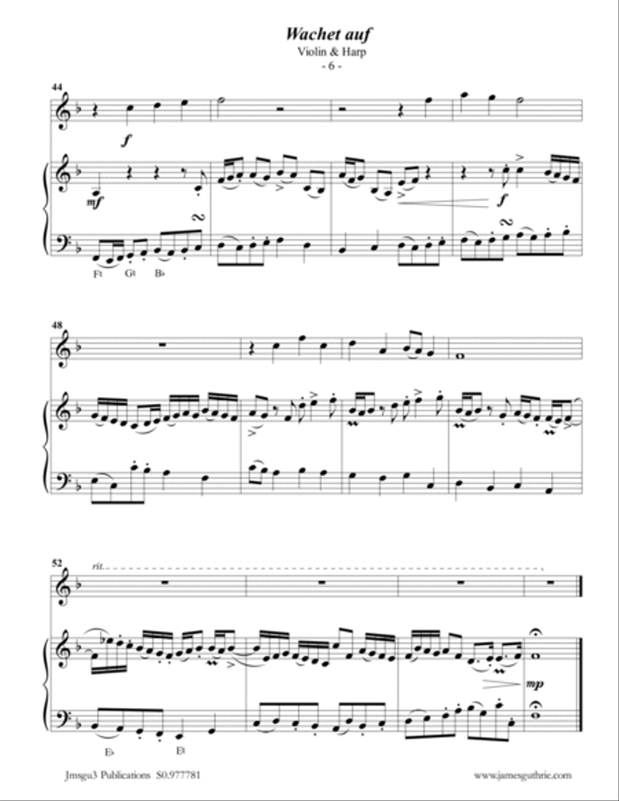 BACH: Wachet Auf BWV 140 for Violin & Harp String Duet scores gallery preview page 6