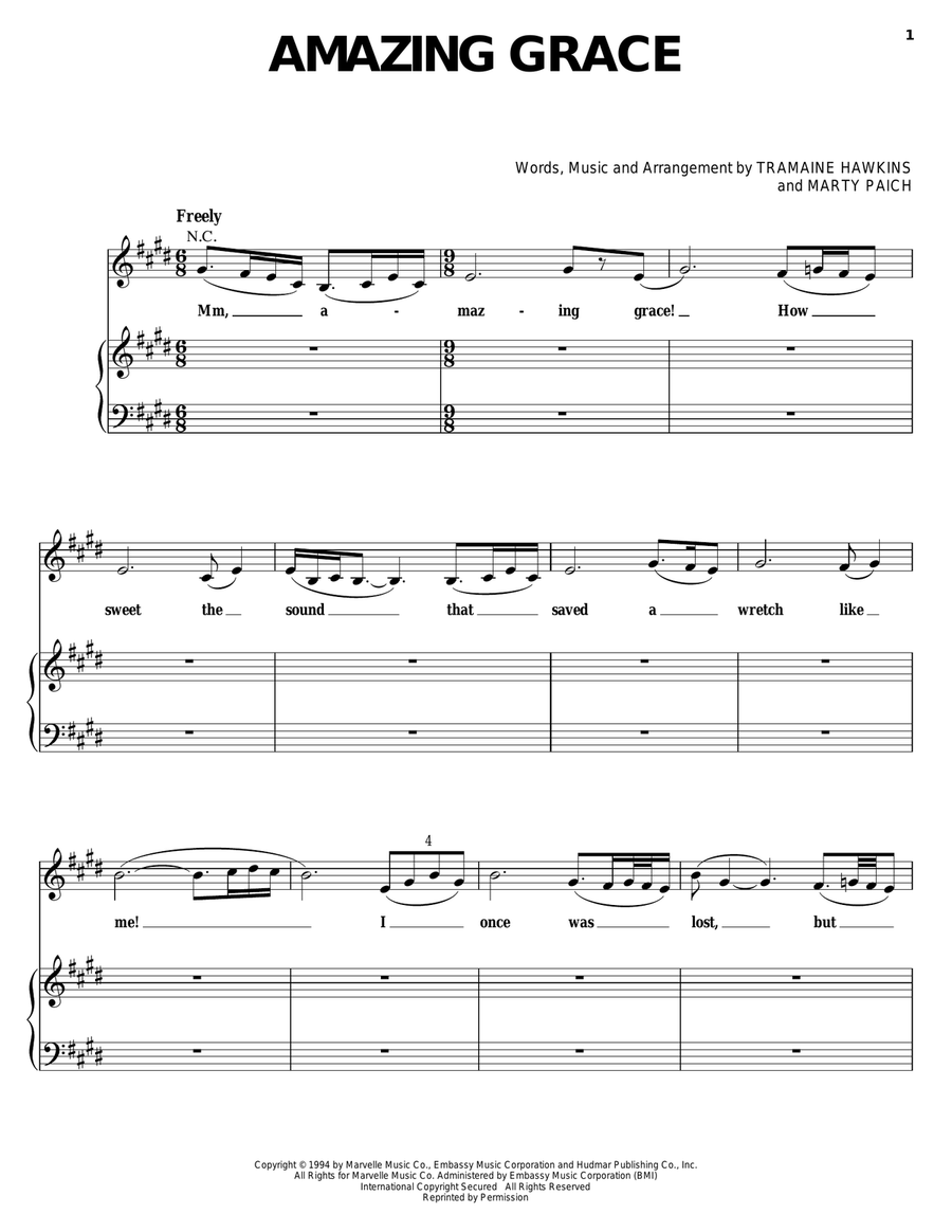 Amazing Grace Piano, Vocal, Guitar scores gallery preview page 1