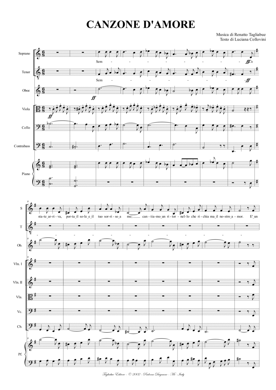 CANZONE D'AMORE - For Soprano, Tenor, Oboe, String Quintet and Piano Chamber Orchestra scores gallery preview page 1