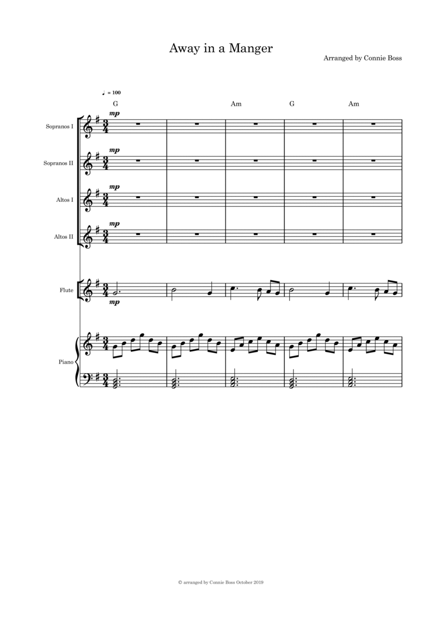 Away in a Manger - SSAA, Flute and Piano SSAA scores gallery preview page 1
