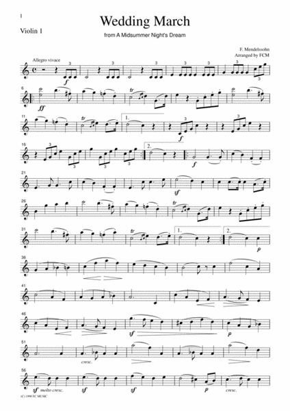 Mendelssohn Wedding March from A Midsummer Night's Dream, for string quartet, CM201 image number null