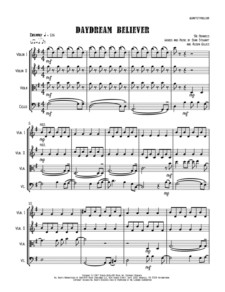 Daydream Believer String Quartet scores gallery preview page 1