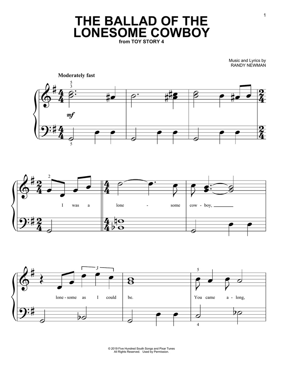 The Ballad Of The Lonesome Cowboy (from Toy Story 4) Easy Piano scores gallery preview page 1