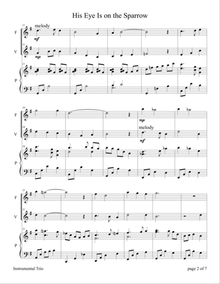 His Eye Is on the Sparrow (for Flute and Violin Duet with Piano accompaniment) Flute scores gallery preview page 4