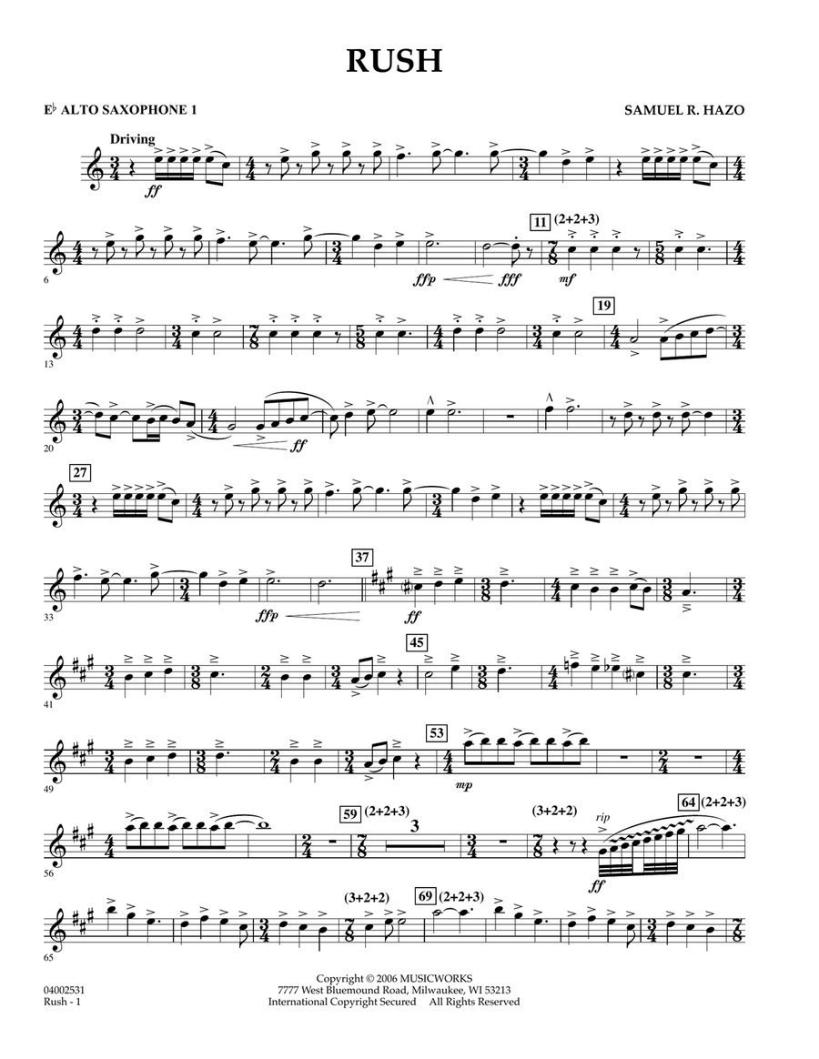 Rush - Eb Alto Saxophone 1 Concert Band scores gallery preview page 1