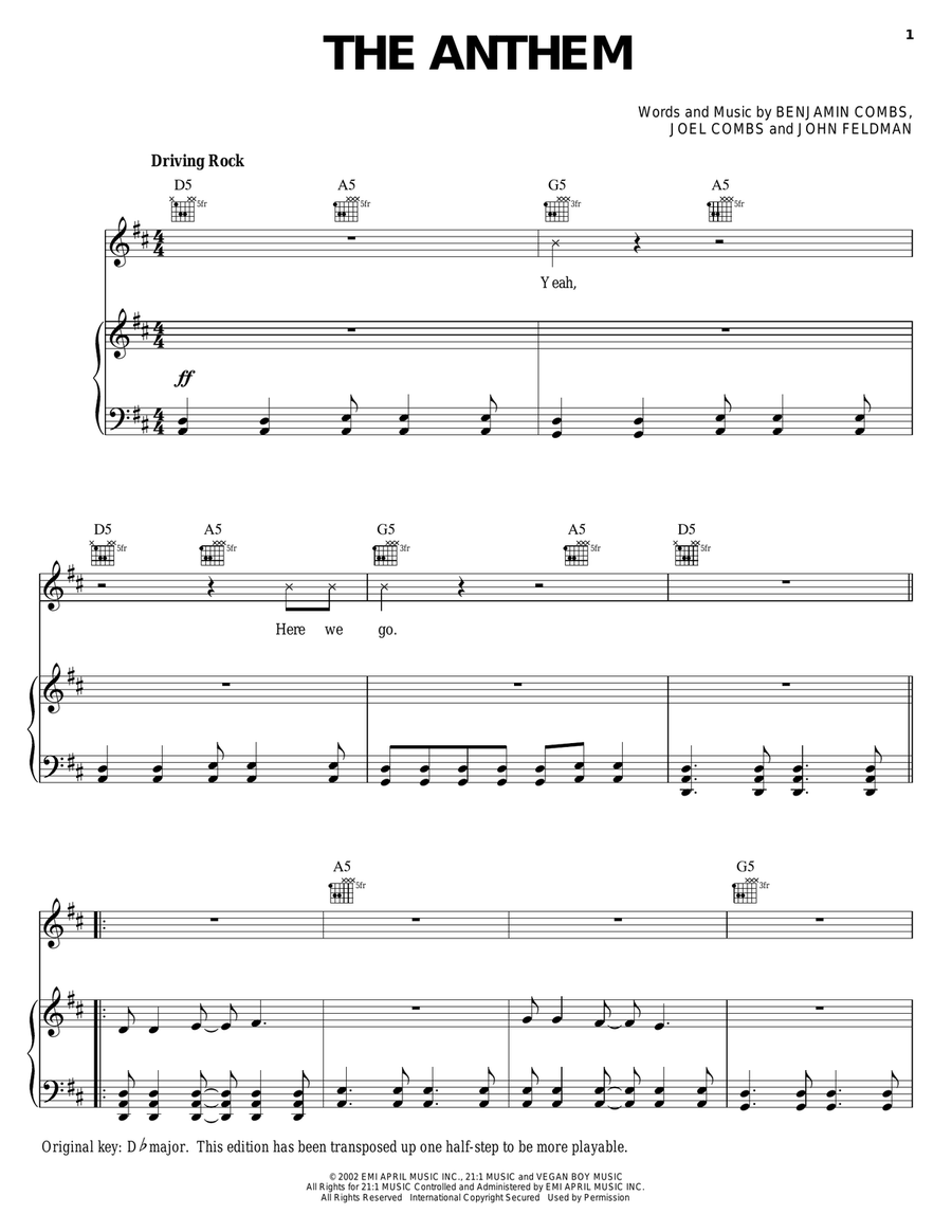 The Anthem Piano, Vocal, Guitar scores gallery preview page 1