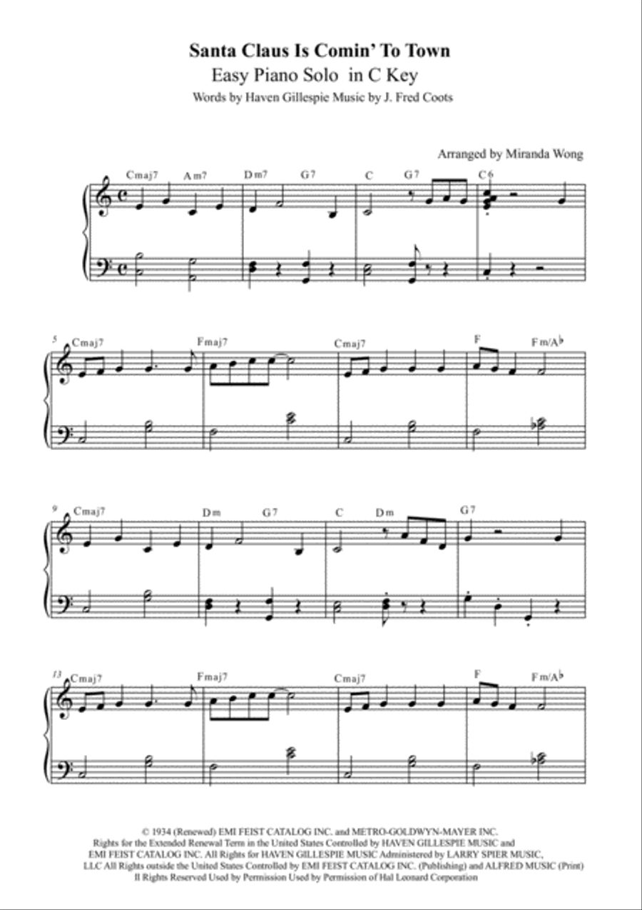 Santa Claus Is Comin' To Town Santa Claus Is Comin' To Town Easy Piano scores gallery preview page 1