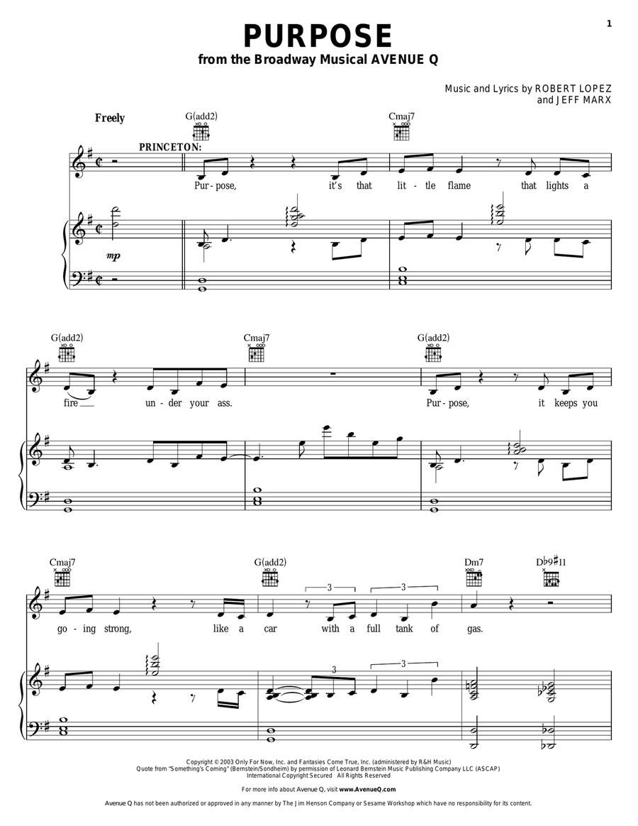 Purpose (from Avenue Q) Piano, Vocal, Guitar scores gallery preview page 1