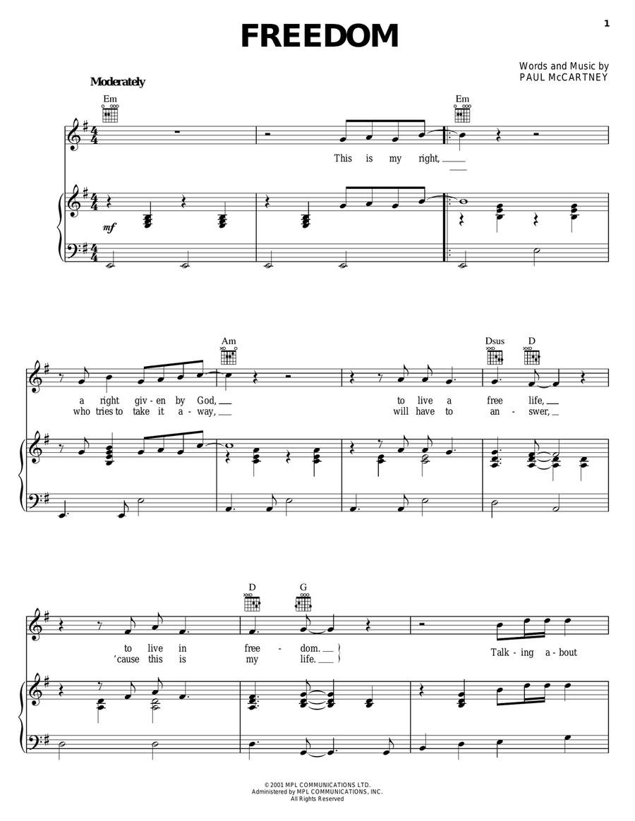 Freedom Piano, Vocal, Guitar scores gallery preview page 1