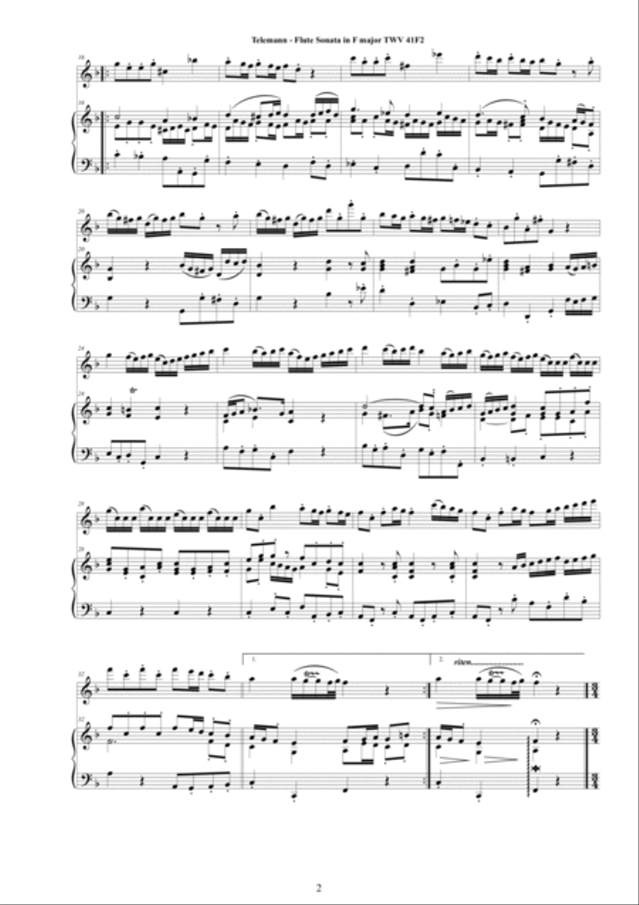 Telemann - Flute Sonata in F major TWV 41-F2 for Flute and Cembalo (or Piano) Woodwind Duet scores gallery preview page 2