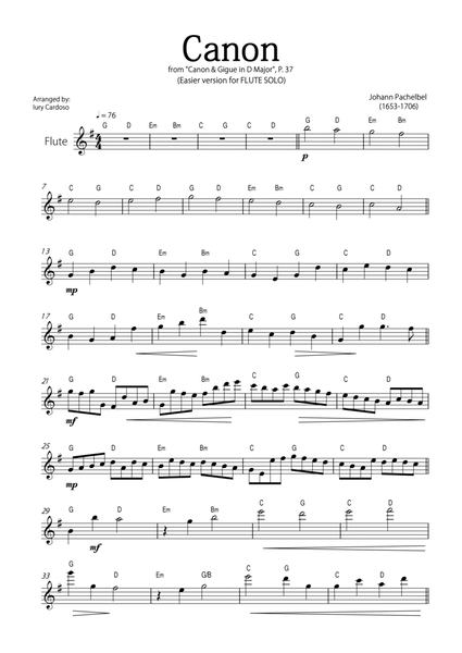 "Canon" by Pachelbel - EASY version for FLUTE SOLO. image number null