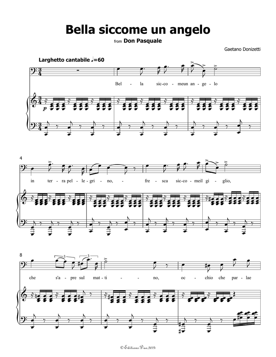 Bella siccome un angelo, by Donizetti, in C Major Piano, Vocal scores gallery preview page 3