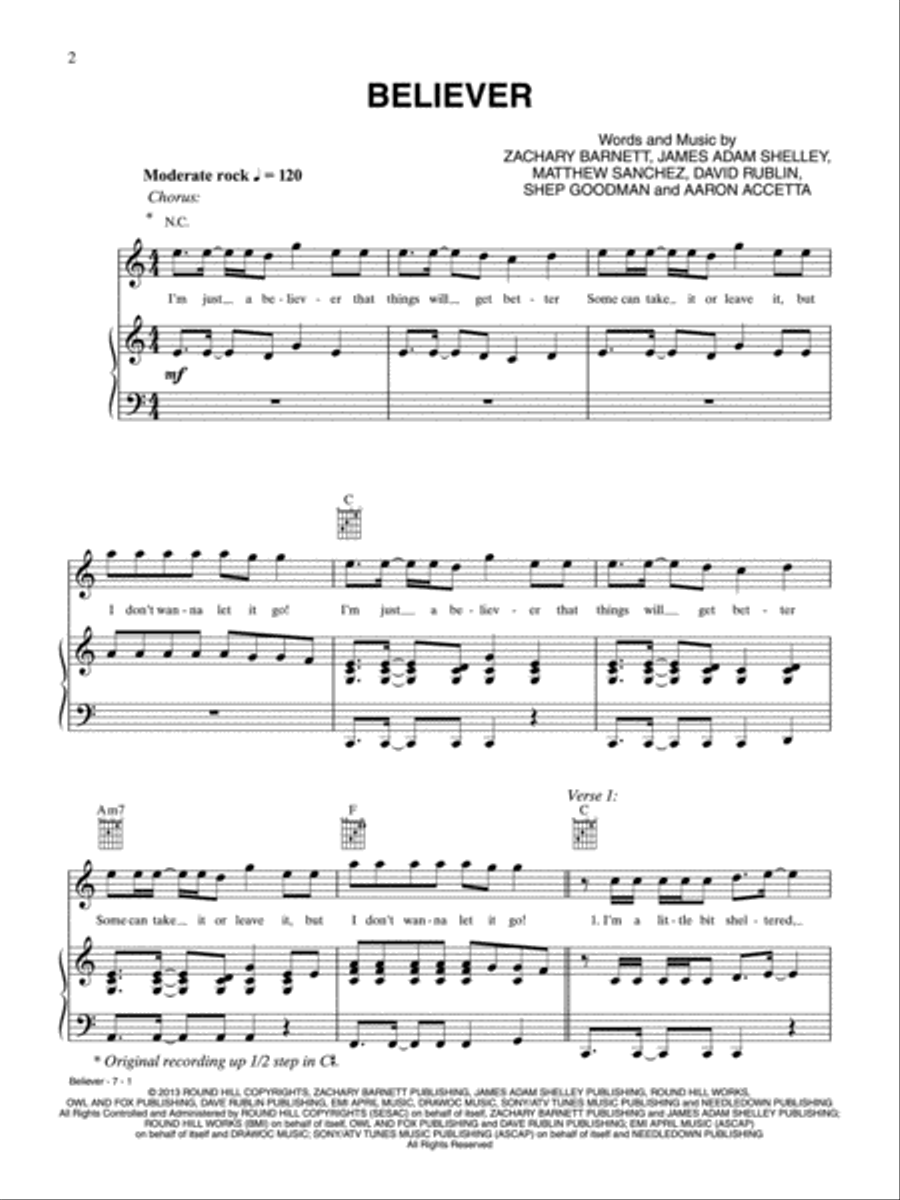Believer Piano, Vocal, Guitar scores gallery preview page 1