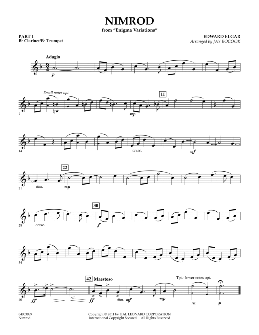 Nimrod (from Enigma Variations) - Pt.1 - Bb Clarinet/Bb Trumpet Concert Band scores gallery preview page 1