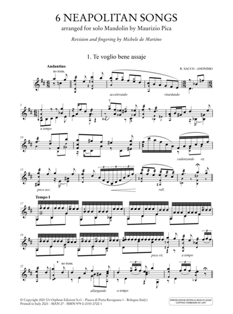 6 Neapolitan Songs arranged for solo Mandolin by Maurizio Pica