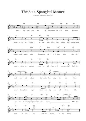 The Star Spangled Banner (National Anthem of the USA) - with lyrics - D-flat Major
