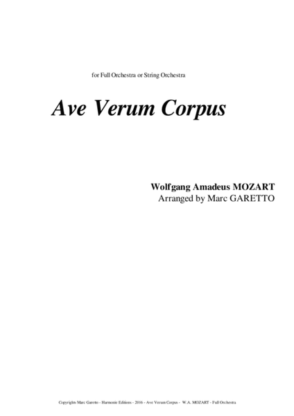 AVE VERUM CORPUS for Beginner Full (or String) Orchestra - W.A. MOZART image number null