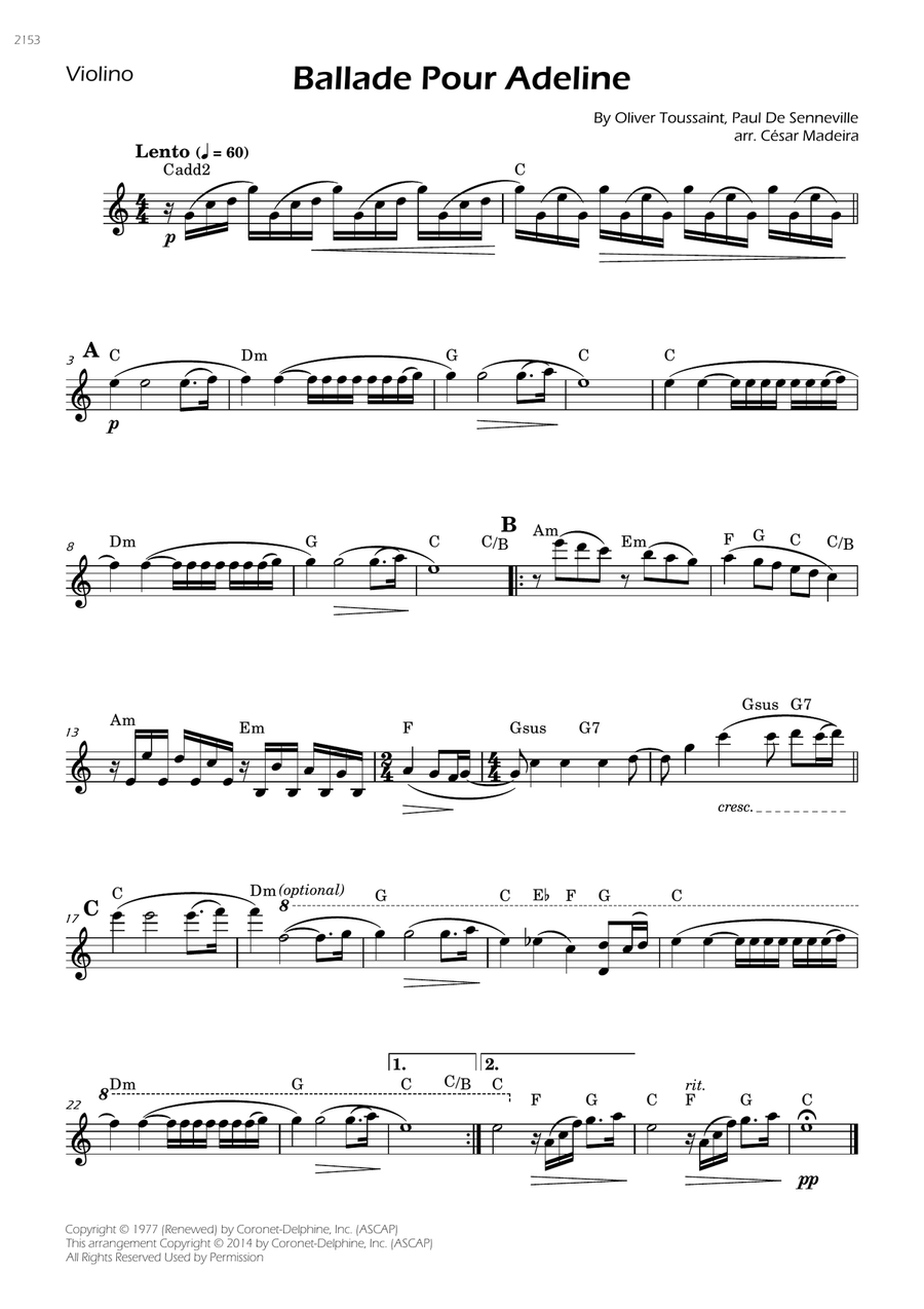 Ballade Pour Adeline Violin Solo scores gallery preview page 1