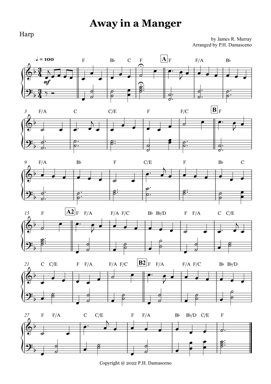 Away in a Manger - Easy Harp Solo wint Chords Harp scores gallery preview page 1