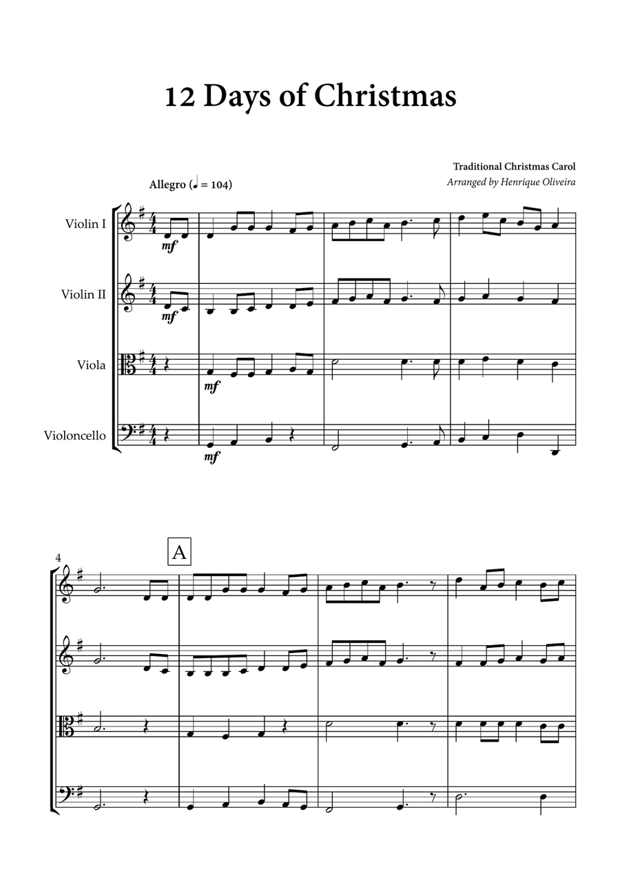12 days of Christmas (String Quartet) - Christmas Carol String Quartet scores gallery preview page 1
