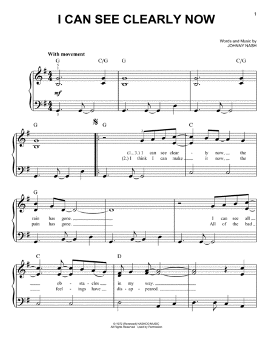 I Can See Clearly Now Easy Piano scores gallery preview page 1