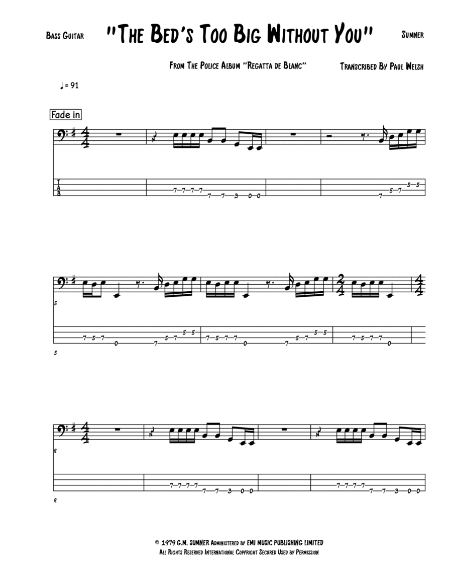 The Bed's Too Big Without You Bass Guitar scores gallery preview page 1