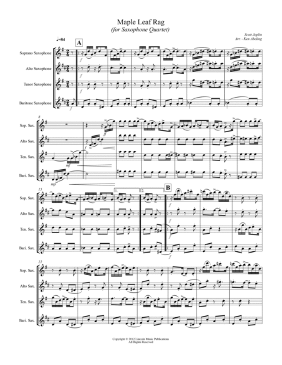 Joplin - “Maple Leaf Rag” (for Saxophone Quartet SATB) Saxophone Quartet scores gallery preview page 2