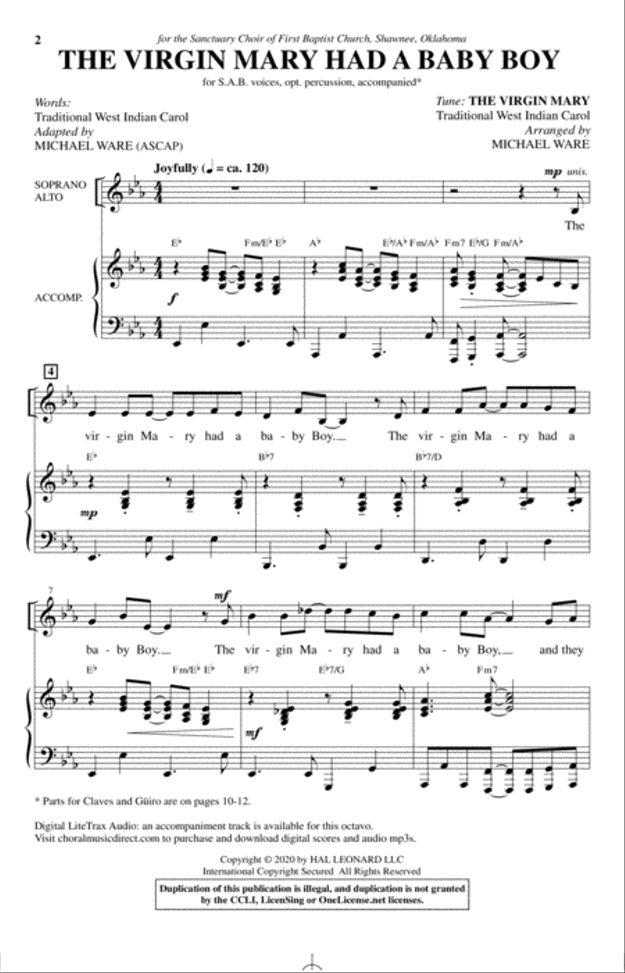 The Virgin Mary Had A Baby Boy (arr. Michael Ware) 3-Part scores gallery preview page 1