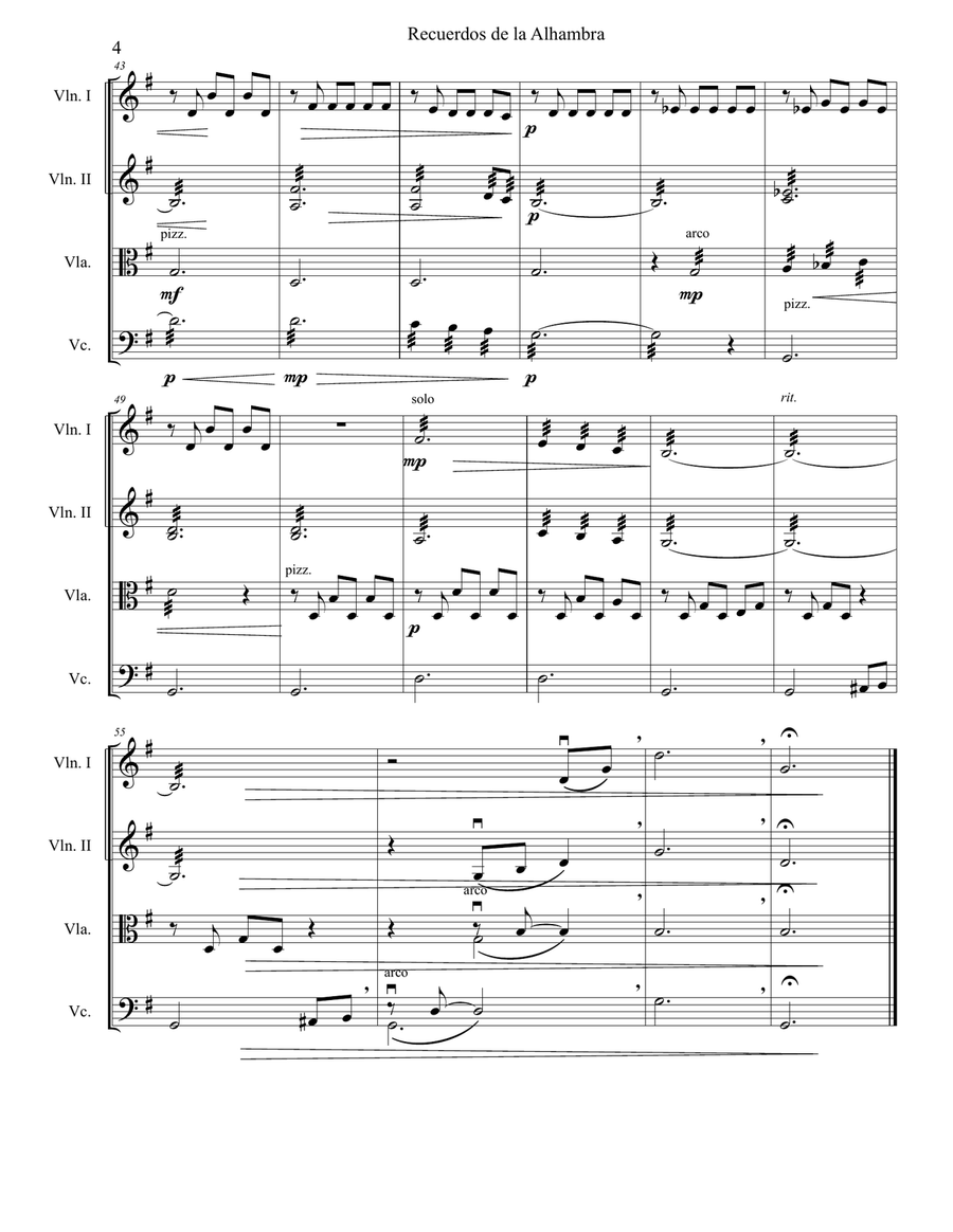 Recuerdos de la Alhambra, for String Quartet, SCORE and PARTS String Quartet scores gallery preview page 5