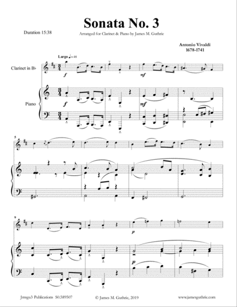 Vivaldi: Sonata No. 3 for Clarinet & Piano Clarinet Solo scores gallery preview page 1